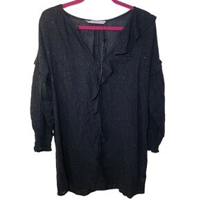 ZARA long sleeve ruffle shift dress black silver metallic size S